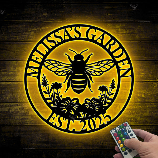 Personalized Honey Bee Monogram Metal Sign With Led Lights, Custom Name Gardener Bee Keeper Metal Sign, Bee Farm Metal Wall Hanging Decor