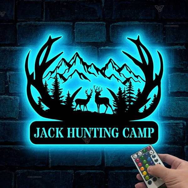 Custom Metal Deer Hunting Cabin Sign With Led Lights, Personalized Last Name Deer Hunting Sign, Outdoor Hunting Lodge Cabin Metal Wall Decor