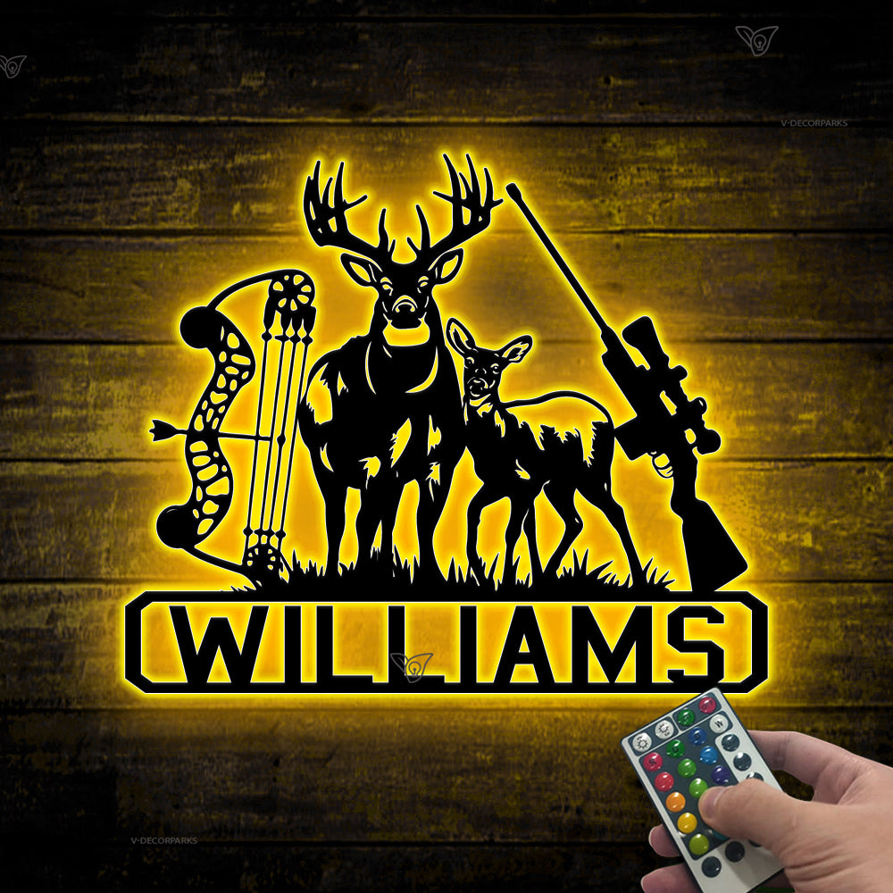 Custom Deer With Bow Hunting Rifle Metal Wall Art Led Lights, Personalized Name Deer Hunting Metal Wall Hanging, Deer Hunting Man Cave Metal Decor