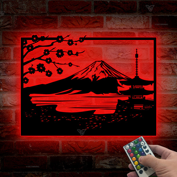 Cherry Blossom Mountain Fuji Metal Wall Art With Led Lights, Mount Fuji Contemporary Landscape Metal Wall Art, Japan Mount Fuji Led Metal Sign