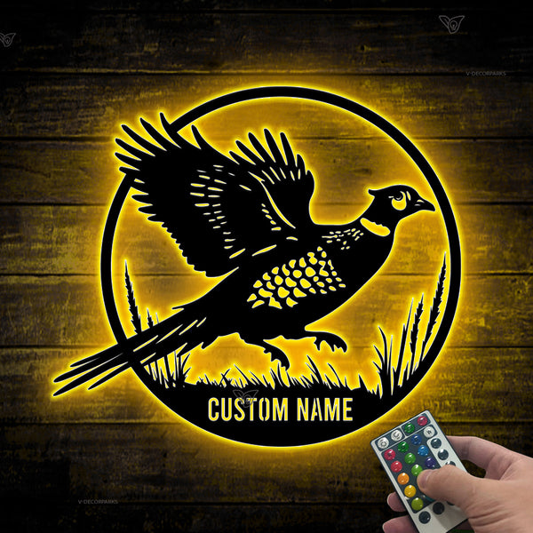 Custom Name Pheasant Metal Wall Art Led Lights, Personalized Pheasant Hunting Metal Name Sign, Custom Pheasant Farm Metal Cabin Signs