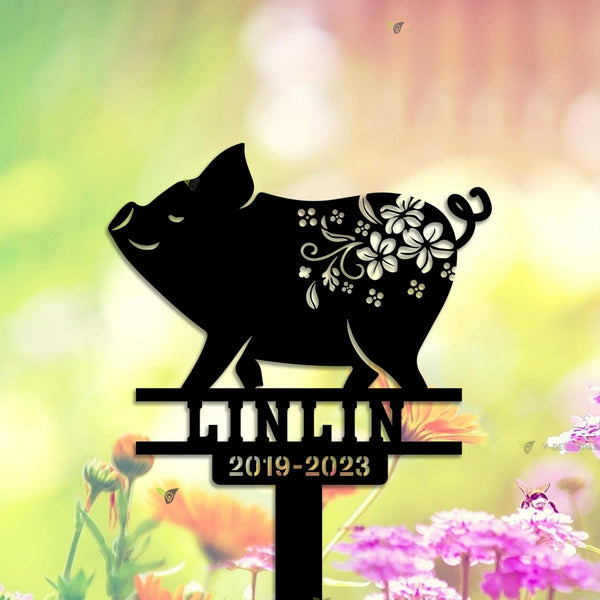 Personalized Floral Pig Memorial Metal Yard Stake, Custom Pig Loss Metal Garden Decor, Pet Metal Grave Marker, Pet Loss Remembrance Stake
