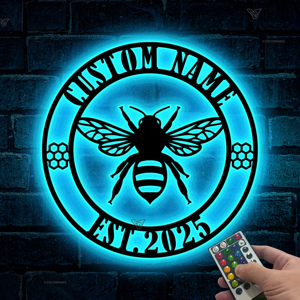 Personalized Honey Bee Monogram Metal Sign With Led Lights, Custom Gardener Bee Keeper Metal Name Sign, Metal Bee Farm Wall Hanging Decor