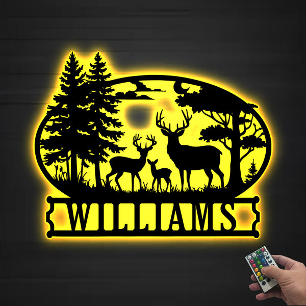 Custom Name Forest Deer Family Metal Sign With Led Lights, Personalized Wild Deer Metal Cabin Sign, Wildlife Hunting Mancave Metal Wall Art Decor