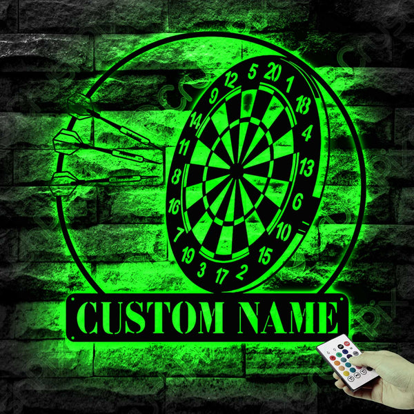 Custom Name Dartboard Metal Wall Art With Led Lights, Personalized Darts Game Metal Name Sign, Darts Game Room Metal Wall Hanging Home Decor