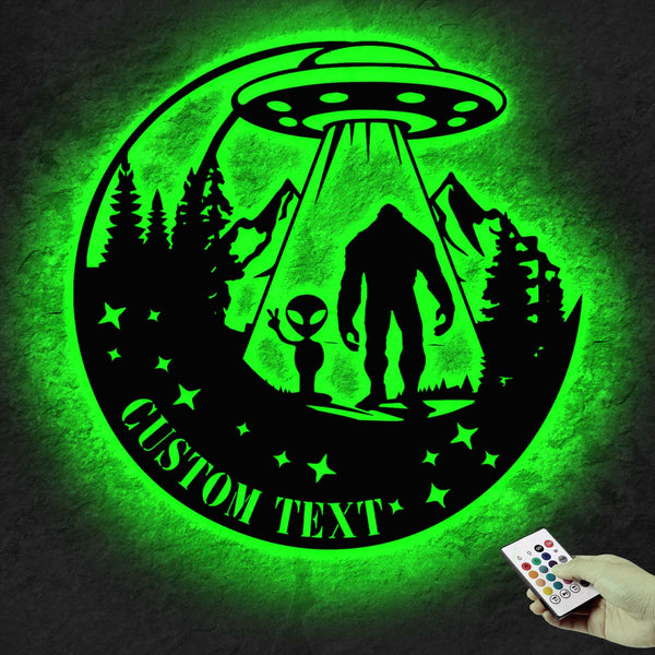 Custom Text Bigfoot And Alien Metal Wall Art With Led Lights, Forest Bigfoot Ufo Metal Sign, Funny Bigfoot Alien Metal Sign Home Decor