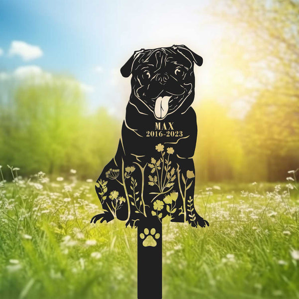Personalized Floral Pug Dog Memorial Stake, Pug Dog With Flowers Memorial Plaque With Stake, Pet Metal Grave Markers, Dog Remembrance Sign