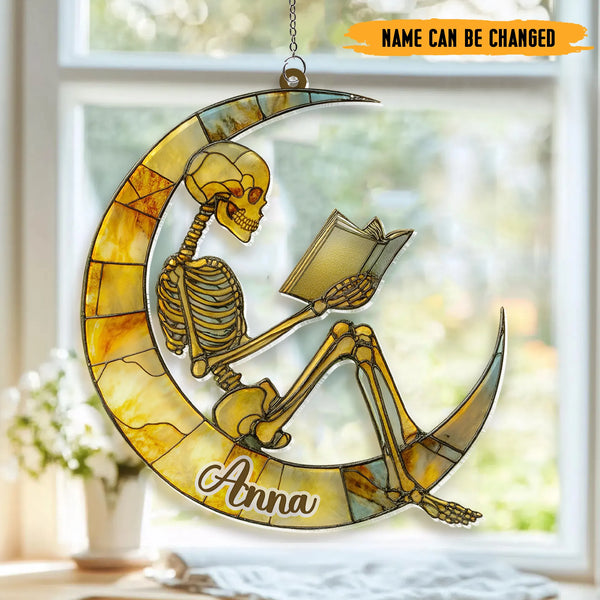 Personalized Reading Skeleton Halloween Suncatcher - Custom Name Gothic Halloween Gift