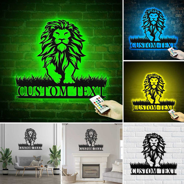 Custom Awesome Lion Metal Wall Art With Led Lights, Personalized Lion King Metal Name Sign, Walking Lion Monogram Metal Sign