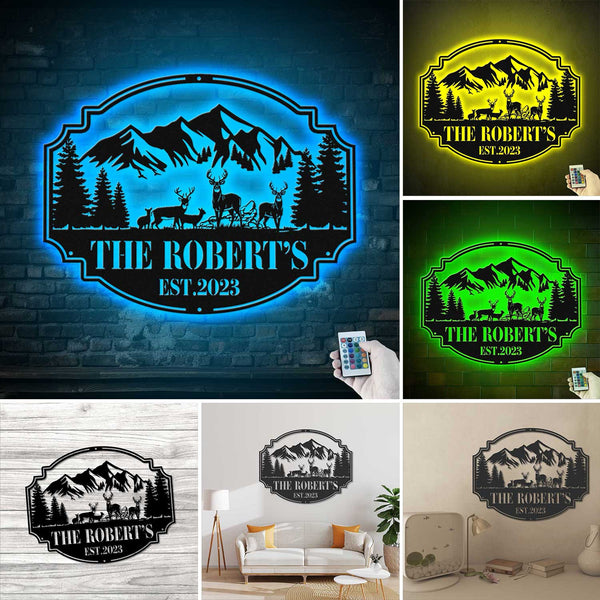 Personalized Mountain Deer Metal Cabin Sign Led Lights, Custom Family Name Forest Deer Hunting Meal Sign, Forest Deer Hunting Lodge Cabin Decor