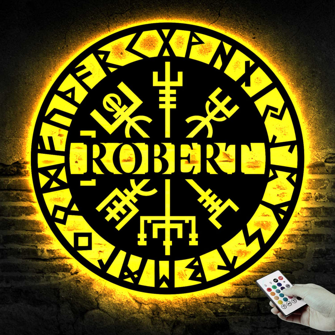 Personalized Vegvisir Viking Runes Metal Sign With Led Lights, Custom Name Nordic Compass Metal Wall Art, Viking Compass Metal Wall Hanging Decor