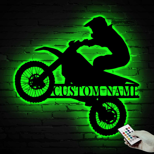 Personalized Motocross Biker Metal Wall Art With Led Lights, Custom Dirt Bike Monogram Metal Sign, Motorcycle Rider Garage Man Cave Metal Decor