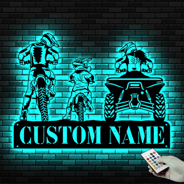 Custom Family Motocross Metal Wall Art Led Lights, Personalized Family Biker Metal Name Sign, Dirt Bike Atv Family Metal Sign Wall Hanging Decor