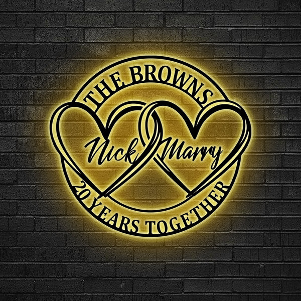 Custom Couple Names Wedding Anniversary Metal Sign Led Lights, Personalized Last Name Double Heart Metal Wall Art, Custom Engagement Metal Sign