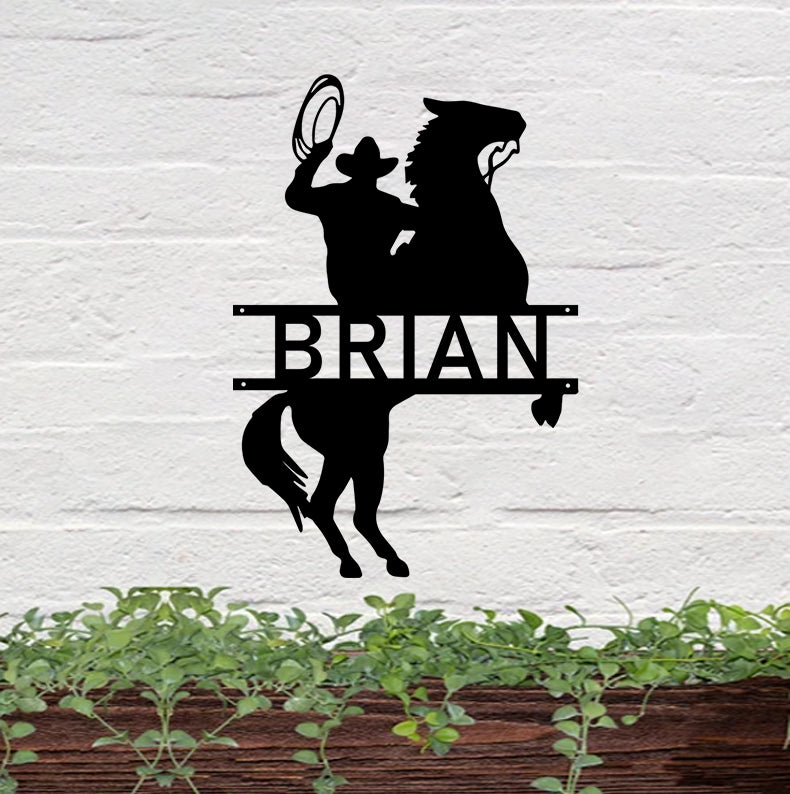 Personalized Cowboy Riding Horse Metal Wall Art, Custom Name Roping Cowboy Metal Sign Art, Western Cowboy Rodeo Monogram Metal Sign