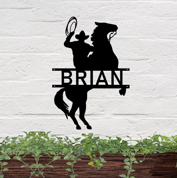 Personalized Cowboy Riding Horse Metal Wall Art, Custom Name Roping Cowboy Metal Sign Art, Western Cowboy Rodeo Monogram Metal Sign