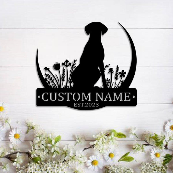 Custom Dog Sitting On Crescent Moon Metal Sign, Dog Silhouette Metal Sign Art, Dog With Flowers Metal Home Decor, Dog Pet Lover Wall Hanging Sign
