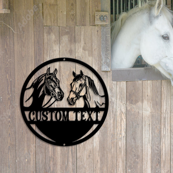 Custom Text Couple Horse Metal Sign Art, Personalized Metal Horse Ranch Sign, Custom Family Name Horse Farm Barn Outdoor Metal Sign