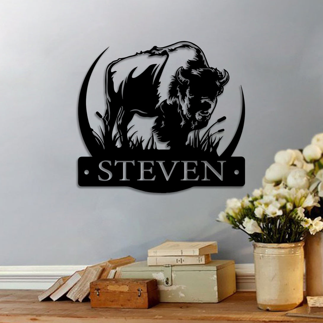 Personalized Name Bison Metal Sign, Custom Bison Buffalo Metal Wall Art, Wildlife Hunting Metal Art, Wild Bison Farm Metal Wall Hanging Decor