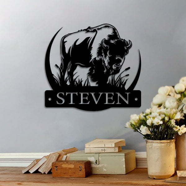 Personalized Name Bison Metal Sign, Custom Bison Buffalo Metal Wall Art, Wildlife Hunting Metal Art, Wild Bison Farm Metal Wall Hanging Decor