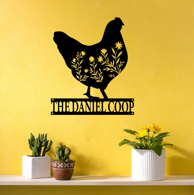 Personalized Floral Chicken Farm Metal Sign, Custom Hen House Metal Wall Art Decor, Hen Chicken Coop Metal Farm Sign, Floral Hen Chicken Sign