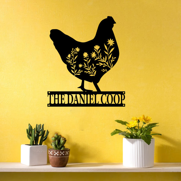 Personalized Floral Chicken Farm Metal Sign, Custom Hen House Metal Wall Art Decor, Hen Chicken Coop Metal Farm Sign, Floral Hen Chicken Sign