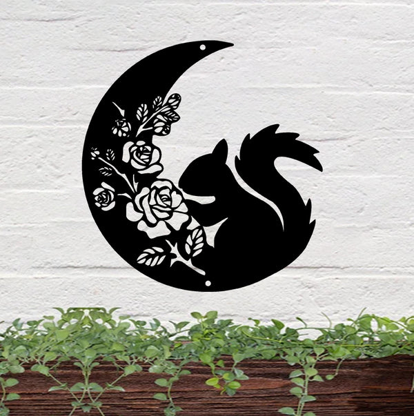 Floral Crescent Moon Squirrel Metal Sign, Squirrel On Crescent Moon Metal Wall Art Home Decor, Metal Squirrel Campground Sign Cabin Decor