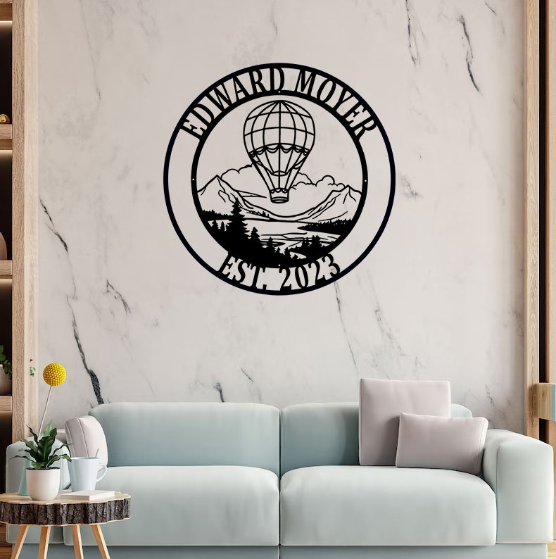 Custom Air Balloon Mountain Scene Metal Wall Art, Personalized Name Air Balloon Monogram Metal Sign, Air Balloon Metal Sign Art Home Decor