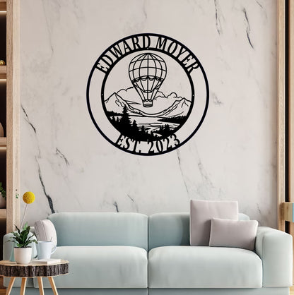 Custom Air Balloon Mountain Scene Metal Wall Art, Personalized Name Air Balloon Monogram Metal Sign, Air Balloon Metal Sign Art Home Decor