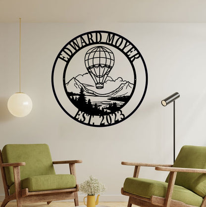 Custom Air Balloon Mountain Scene Metal Wall Art, Personalized Name Air Balloon Monogram Metal Sign, Air Balloon Metal Sign Art Home Decor