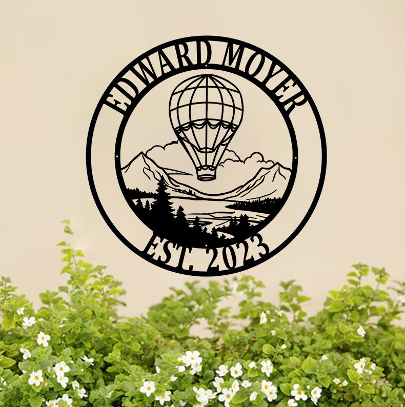 Custom Air Balloon Mountain Scene Metal Wall Art, Personalized Name Air Balloon Monogram Metal Sign, Air Balloon Metal Sign Art Home Decor