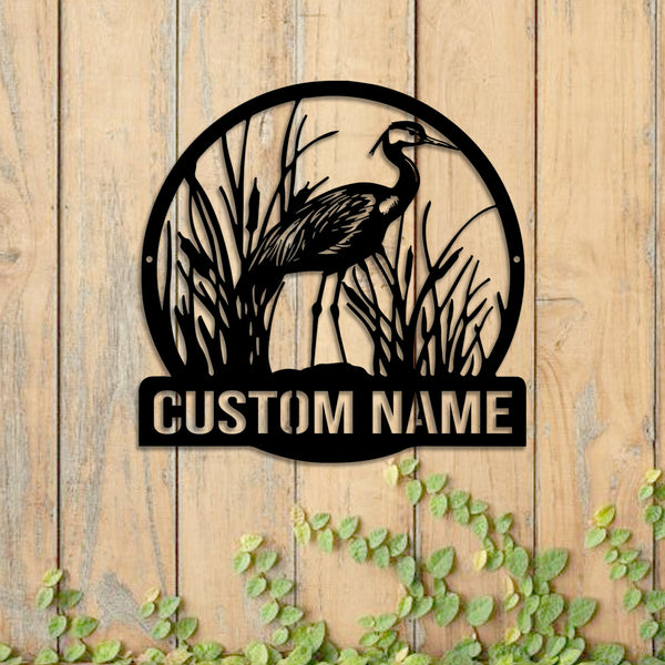 Custom Crane With Cattails Metal Wall Art, Personalized Crane Bird Lover Metal Name Sign, Crane Bird Cattails Pond Metal Sign Home Decor