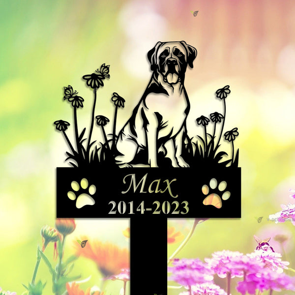 Custom Bull Mastiff Dog Memorial Metal Garden Stake, Dog With Flowers Metal Grave Marker, Pet Loss Remembrance Stake, Sympathy Metal Garden Sign