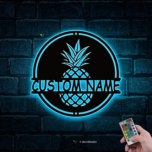 Personalized Pineapple Metal Wall Art Led Lights, Custom Name Pineapple Monogram Metal Sign, Welcome Front Porch Patio Metal Wall Hanging Decor