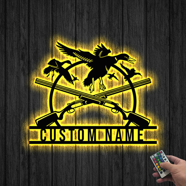 Custom Mallard Duck Cross Hunting Rifle Metal Sign Led Lights, Personalized Duck Hunter Metal Name Sign, Duck Hunting Metal Cabin Signs