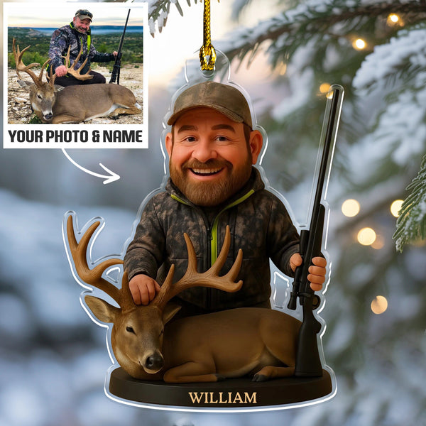 Custom Hunting Photo Upload Ornament - Cartoon Character Style Acrylic Christmas Decoration
