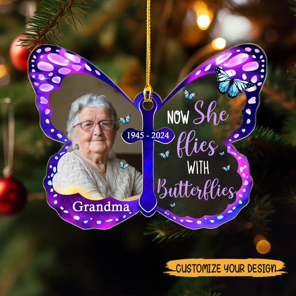 Personalized Photo Upload Now She Flies With Butterflies Memorial Acrylic Ornament