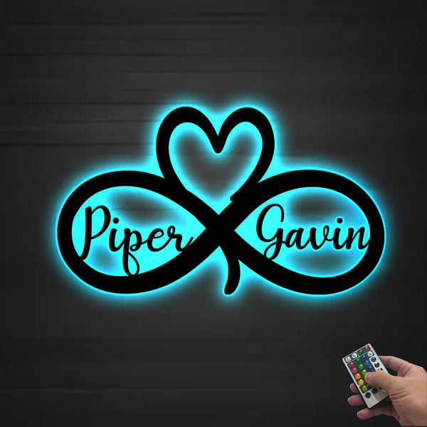 Custom Name Infinity With Heart Metal Sign With Led Lights, Personalized Metal Infinity Sign With Couple Name, Engagement Wedding Metal Wall Art