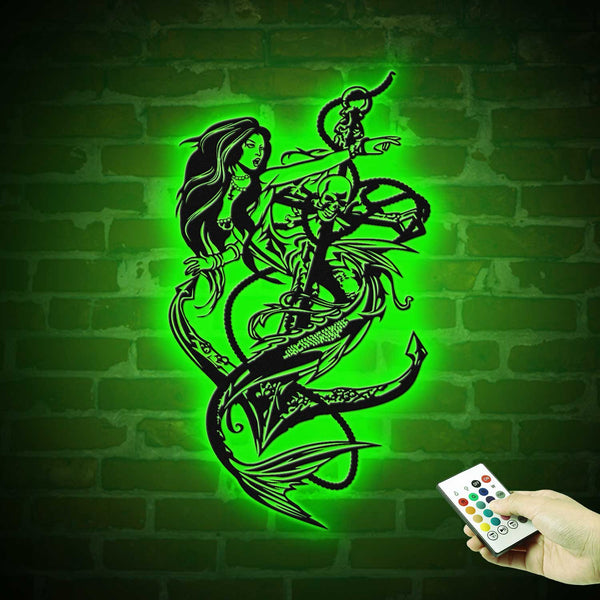 Mermaid Girl Fish Anchor Metal Wall Art Led Lights, Beauty Mermaid Girl Metal Sign Home Decor, Mermaid Tail Anchor Metal Sign Housewarming Decor