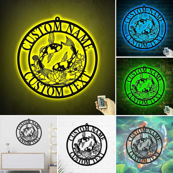 Custom Name Lotus Koi Fish Metal Wall Art With Led Lights, Koi Fish Zen House Metal Home Decor, Lotus Koi Pond Metal Sign Wall Hanging Decor