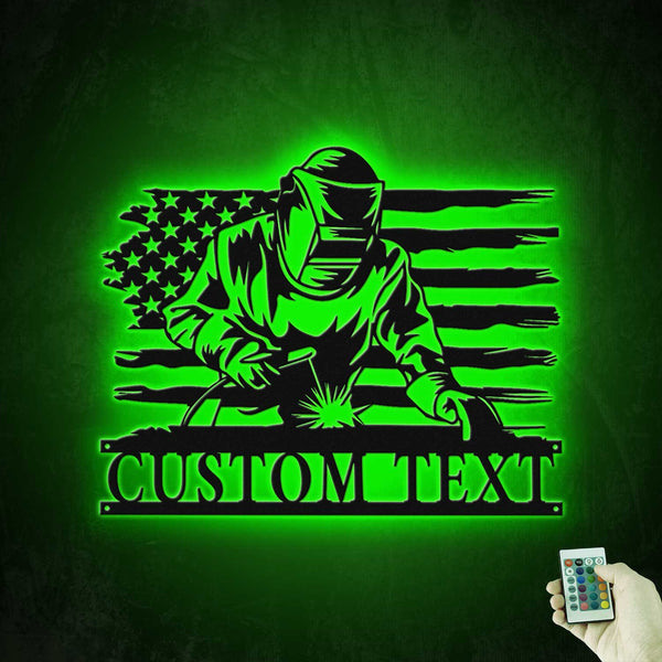 Custom Welding Us Flag Metal Wall Art Led Lights, Personalized Welder Name Sign Home Decor, Us Construction Welder Metal Name Sign
