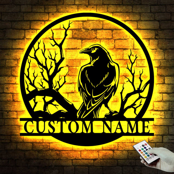 Personalized Black Raven Metal Wall Art With Led Lights, Custom Name Crow Moon Metal Sign Home Decor, Black Crow Bird On Branch Metal Sign