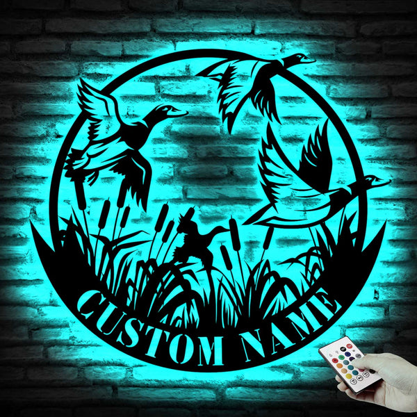 Custom Duck Hunting Metal Wall Art Led Lights, Personalized Mallard Duck Farm Metal Name Sign, Flying Duck Hunting Lodge Cabin Metal Sign