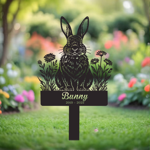 Personalized Name Bunny Memorial Garden Stake, Rabbit With Flowers Metal Yard Sign, Pet Metal Grave Marker, Pet Loss Remembrance Sign