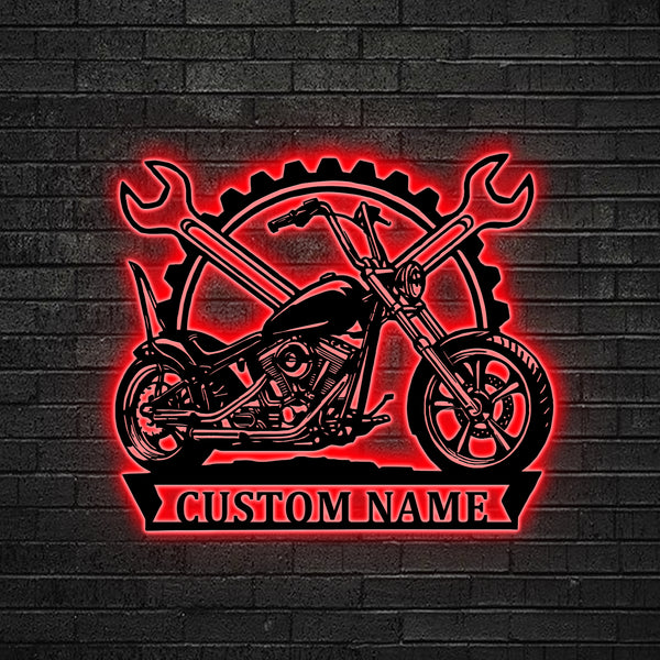 Custom Motorcycle Auto Garage Metal Wall Art With Led Lights, Personalized Motorbiker Metal Name Sign, Motorcycle Metal Garage Sign Home Decor