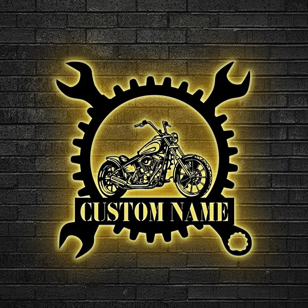 Custom Motorcycle Garage Metal Sign With Led Lights, Personalized Motorbike Workshop Metal Wall Art, Motorbike Auto Repair Metal Sign Garage Decor