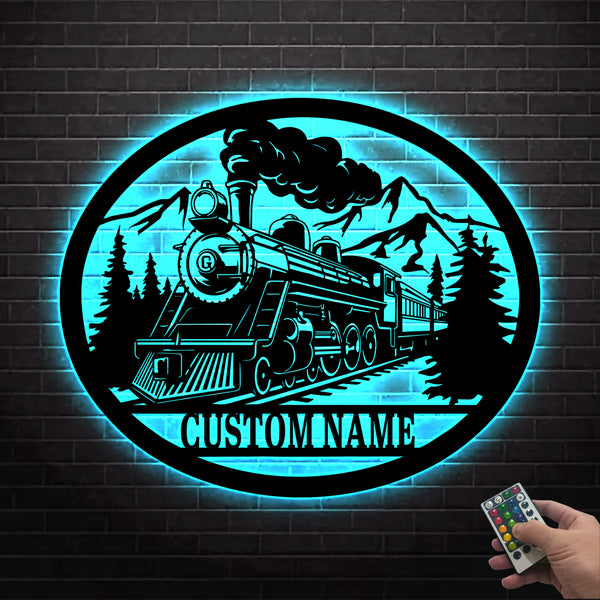 Custom Steam Train Mountain Scene Metal Sign Led Lights, Personalized Train Driver Metal Name Sign, Steam Locomotive Railroad Metal Wall Sign