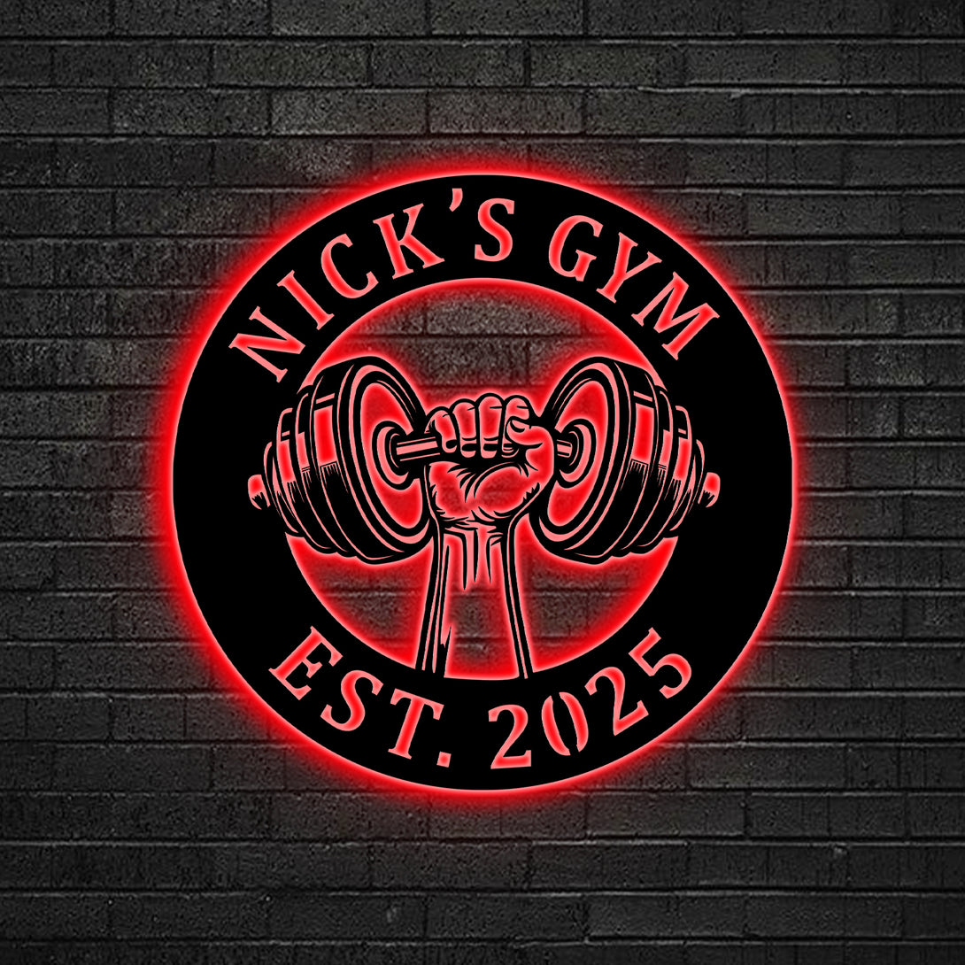 Custom Name Dumbbell Gym Room Metal Sign With Led Lights, Powerlifting Sport Metal Wall Art, Personalized Home Gym Fitness Room Metal Name Sign