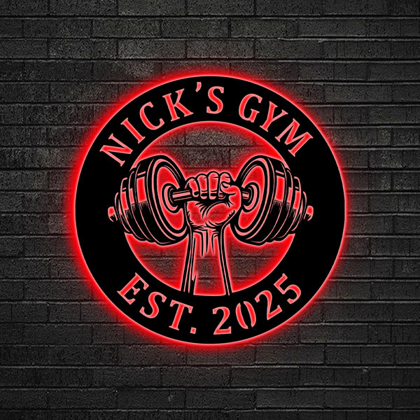 Custom Name Dumbbell Gym Room Metal Sign With Led Lights, Powerlifting Sport Metal Wall Art, Personalized Home Gym Fitness Room Metal Name Sign