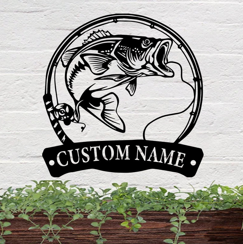 Custom Bass Fishing Metal Wall Art, Personalized Fisher Metal Name Sign Home Decor, Bass Fish With Rod Metal Name Sign, Fishing Lover Gift